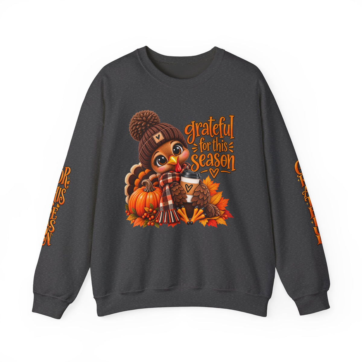 Grateful for This Season Thanksgiving Turkey Crewneck Sweatshirt – Fall Graphic Pullover with Sleeve Design