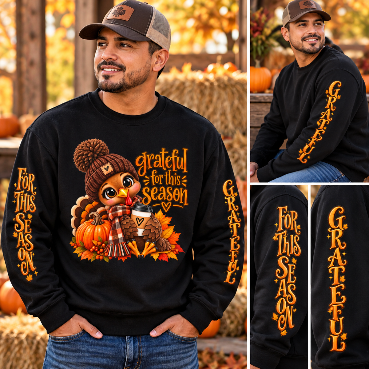 Grateful for This Season Thanksgiving Turkey Crewneck Sweatshirt – Fall Graphic Pullover with Sleeve Design