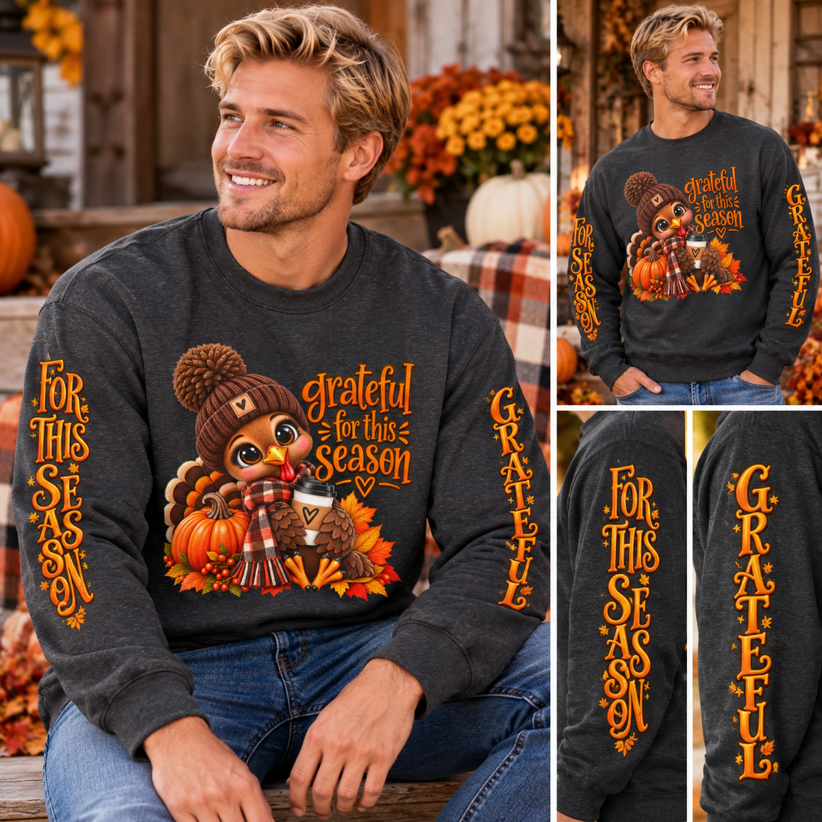 Grateful for This Season Thanksgiving Turkey Crewneck Sweatshirt – Fall Graphic Pullover with Sleeve Design