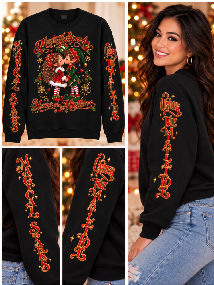 Magical Sparks Under the Mistletoe Elf Couple Holiday Sweater