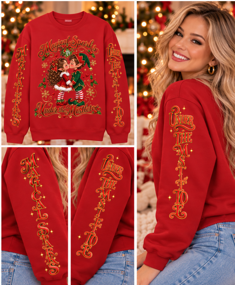 Magical Sparks Under the Mistletoe Elf Couple Holiday Sweater